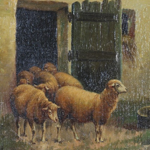 Untitled (Sheep Leaving Barn) Signed Oil Painting by Vitollo 17 1/2″x21 1/2″