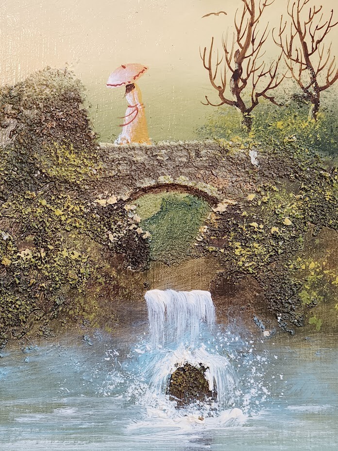 Textured Painting Signed Keyelee Girl on Bridge Waterfall 16 x 18 Wooden Frame