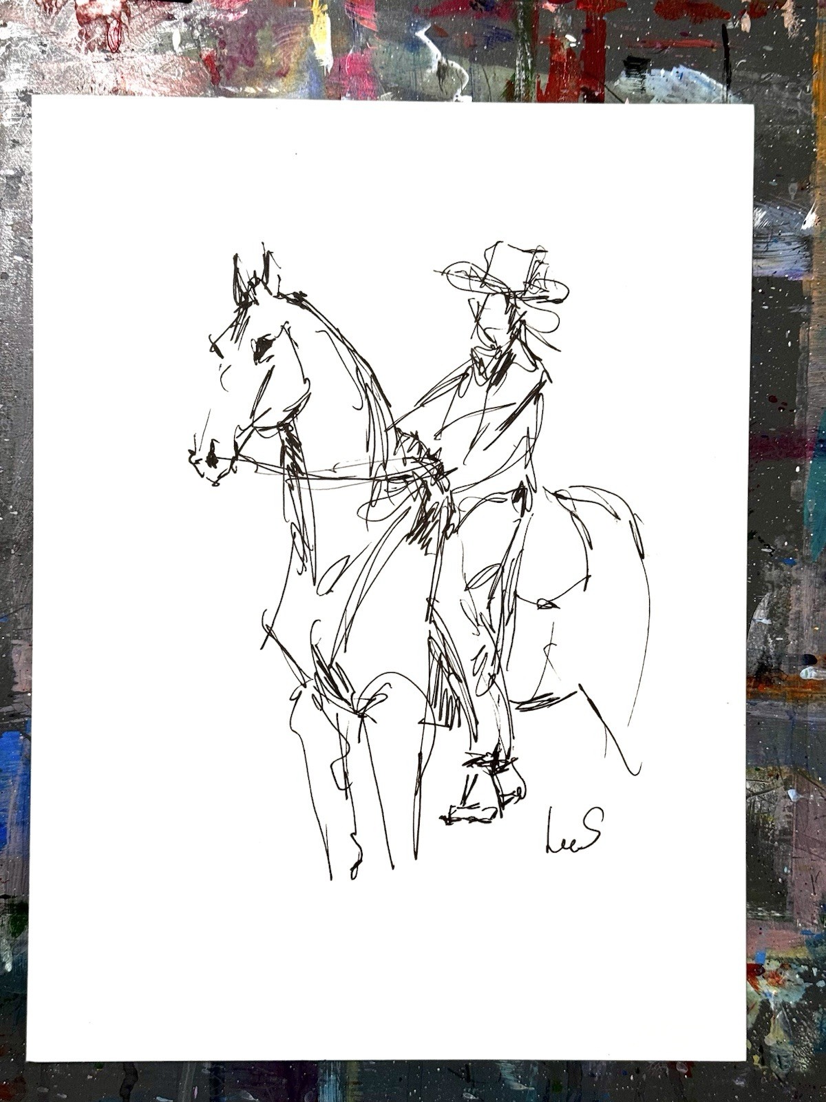 Original Abstract Expressionism 9X12 Cowboy Paper Ink Gesture Handmade Signed 14