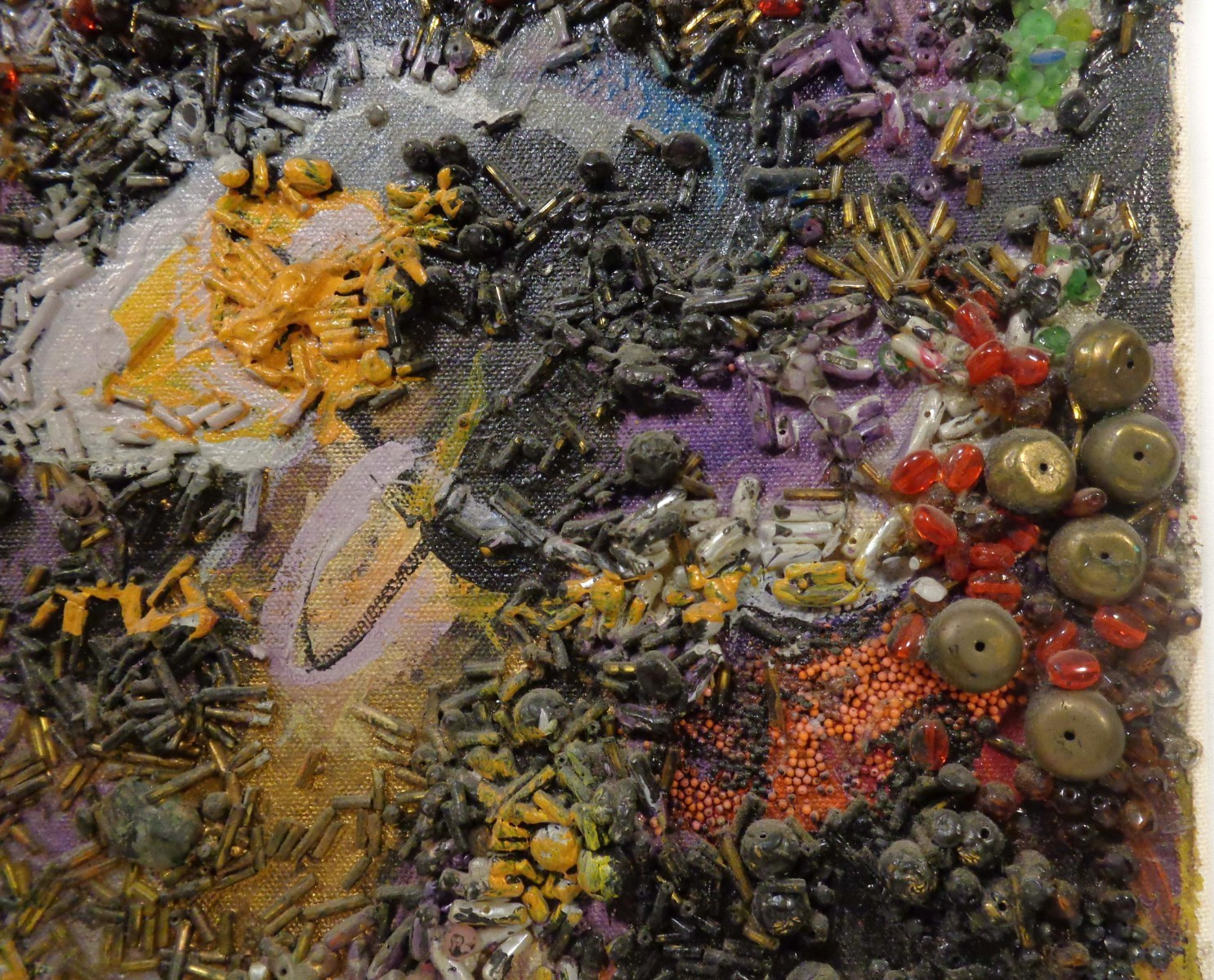 PADA, 1986 ‘DUST & SHADOW’ VINT SIGNED PAINTED/BEADED ABSTRACT COLLAGE on CANVAS