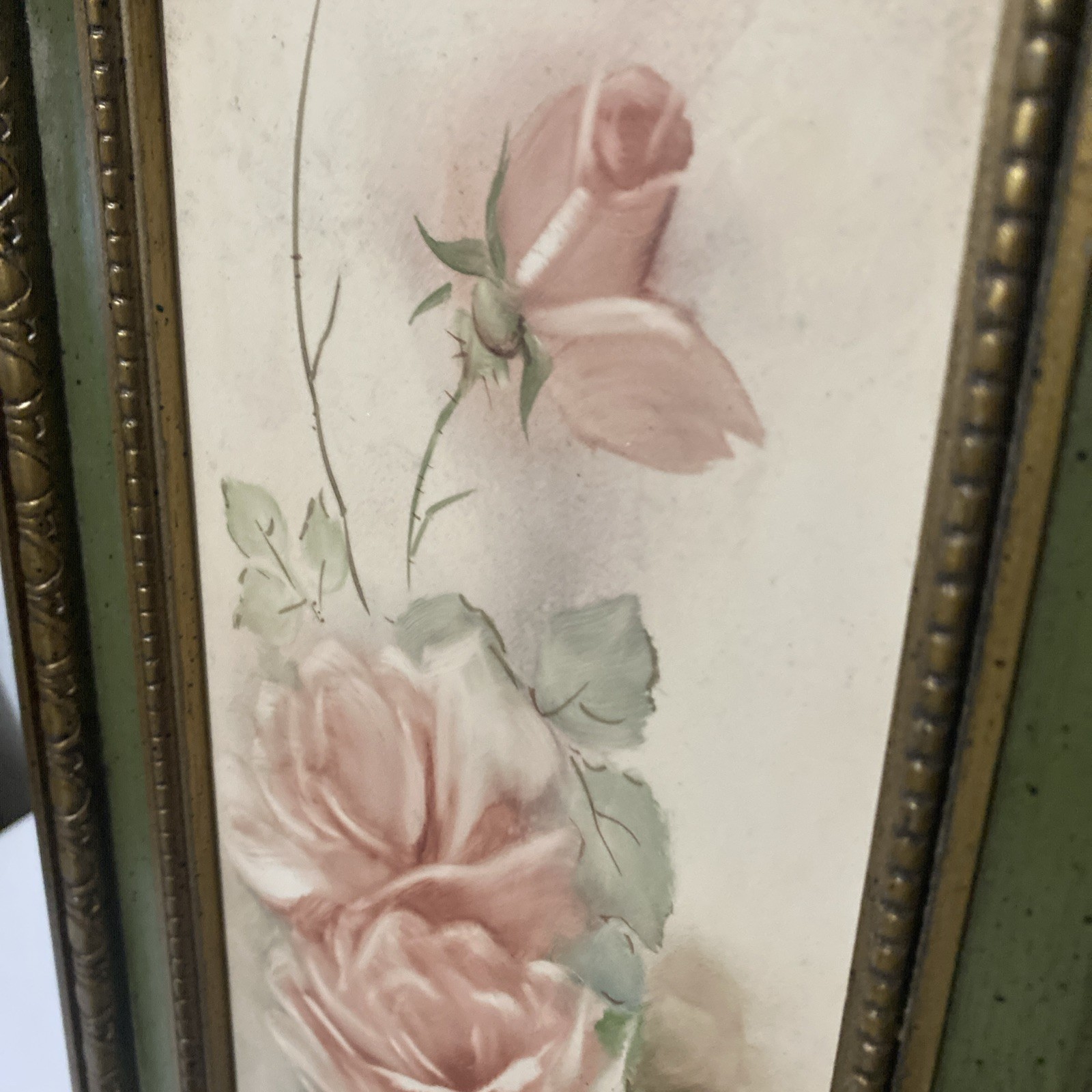 Signed Hand Painted Porcelain Tile Floral Plaque Framed Picture Wall Hanging