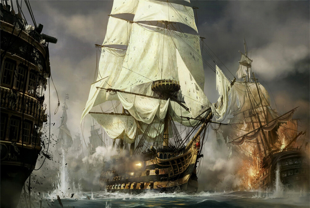 Nautical Naval Battle Warships Battle Oil painting Giclee Printed on Canvas P370