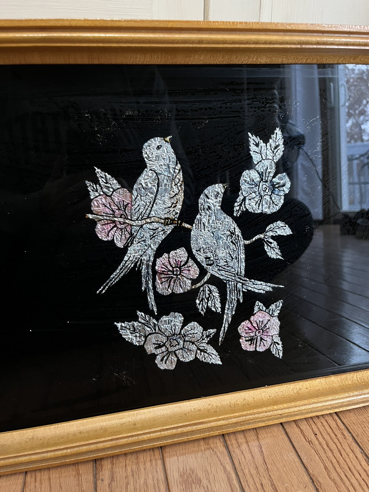 Vintage Birds & Cherry Blossoms Reverse Glass Tinsel Foils Metallic Wall Art