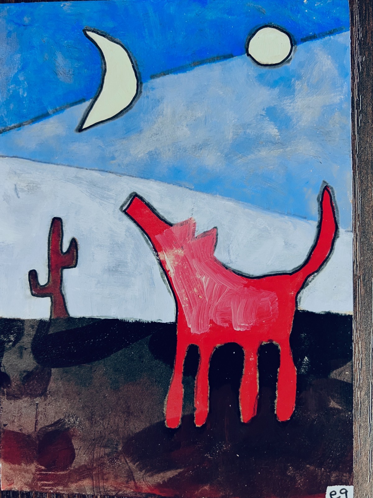 e9Art 5×7 ‘those red coyote nights’ outsider art brut naive desert cactus moon