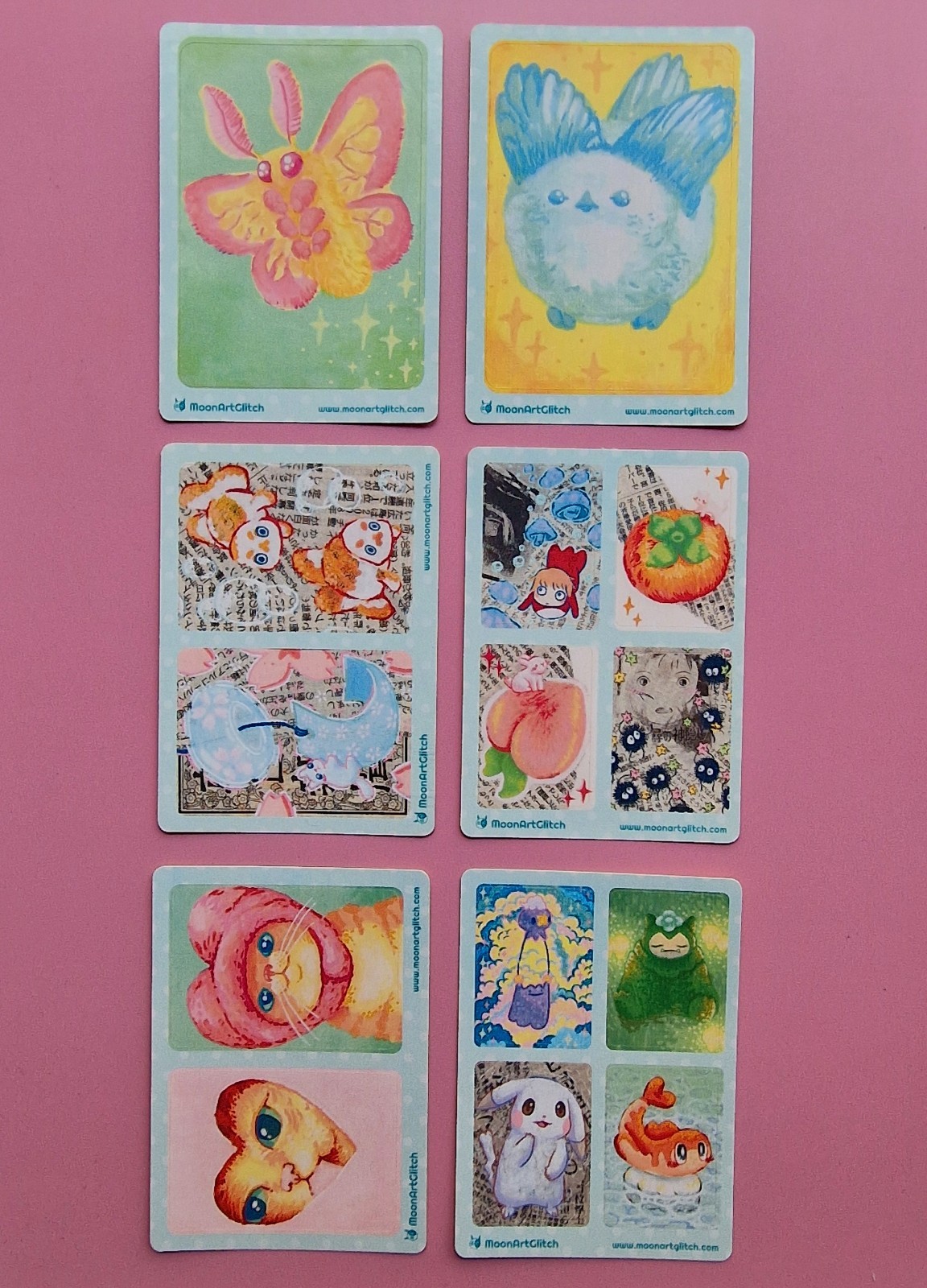 Aceo PRINT STICKER by MoonArtGlitch ~ Pack 4A ~ Moth Bird Cat Fish Animal Cards