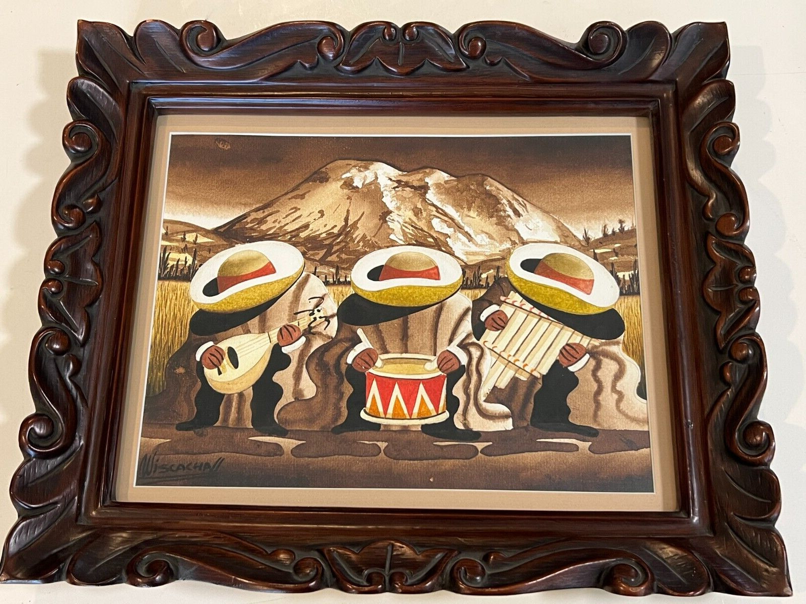 Wiscachall Original Watercolor Mexican Musicians, Signed & Framed, 13″ x 9 1/2″