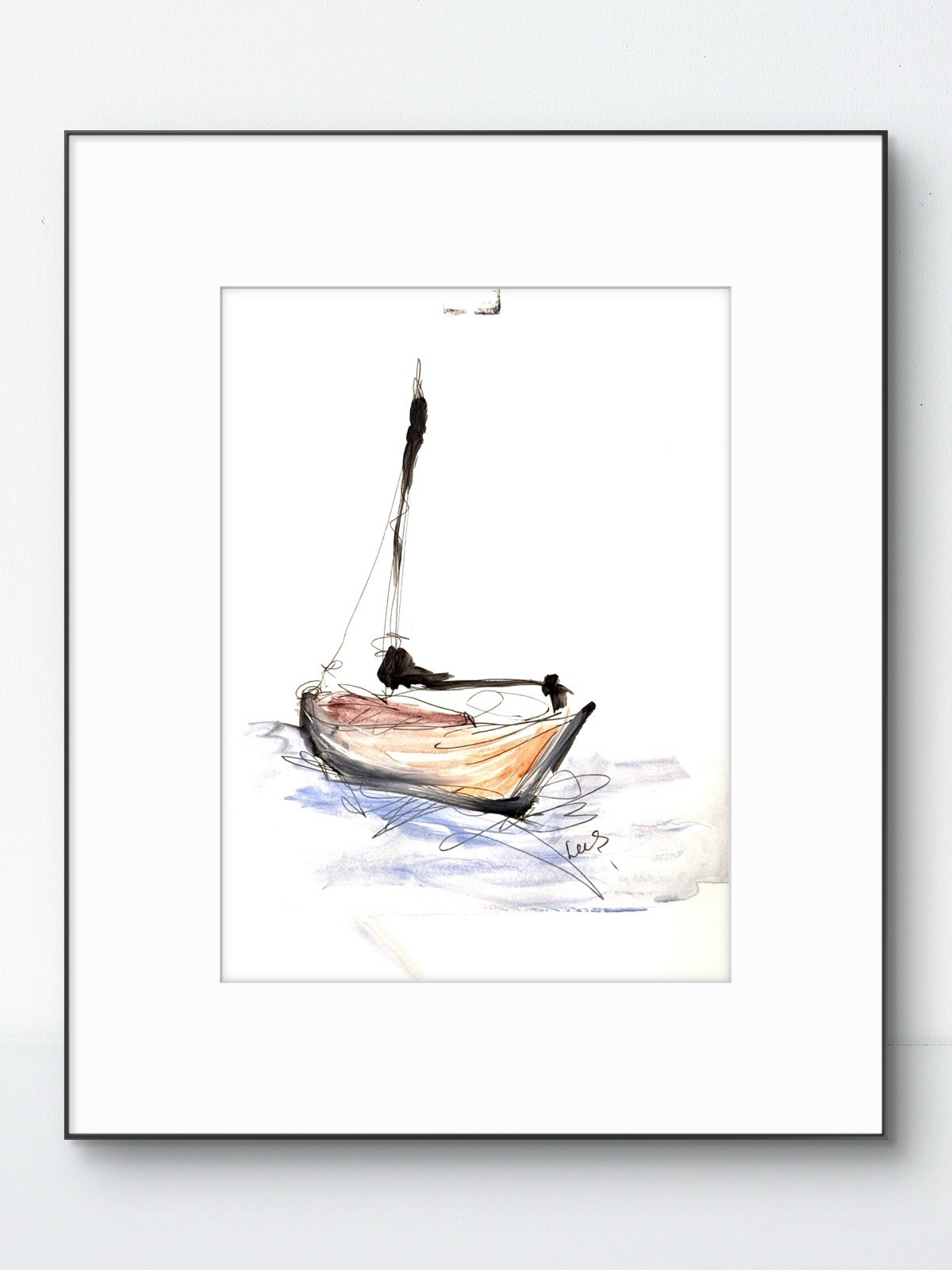 Original Abstract Minimalist 9×12 SailBoat Harbor Ink Paper Office Signed 19
