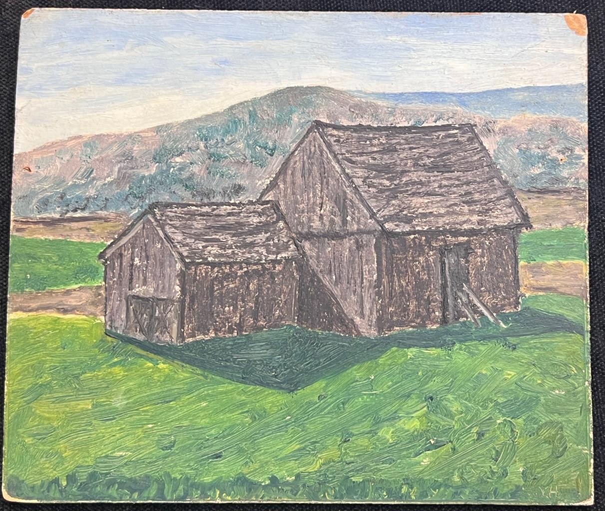 Original Art Mountain Landscape Oil Painting Rural Home Barns Wood Shack & Hand