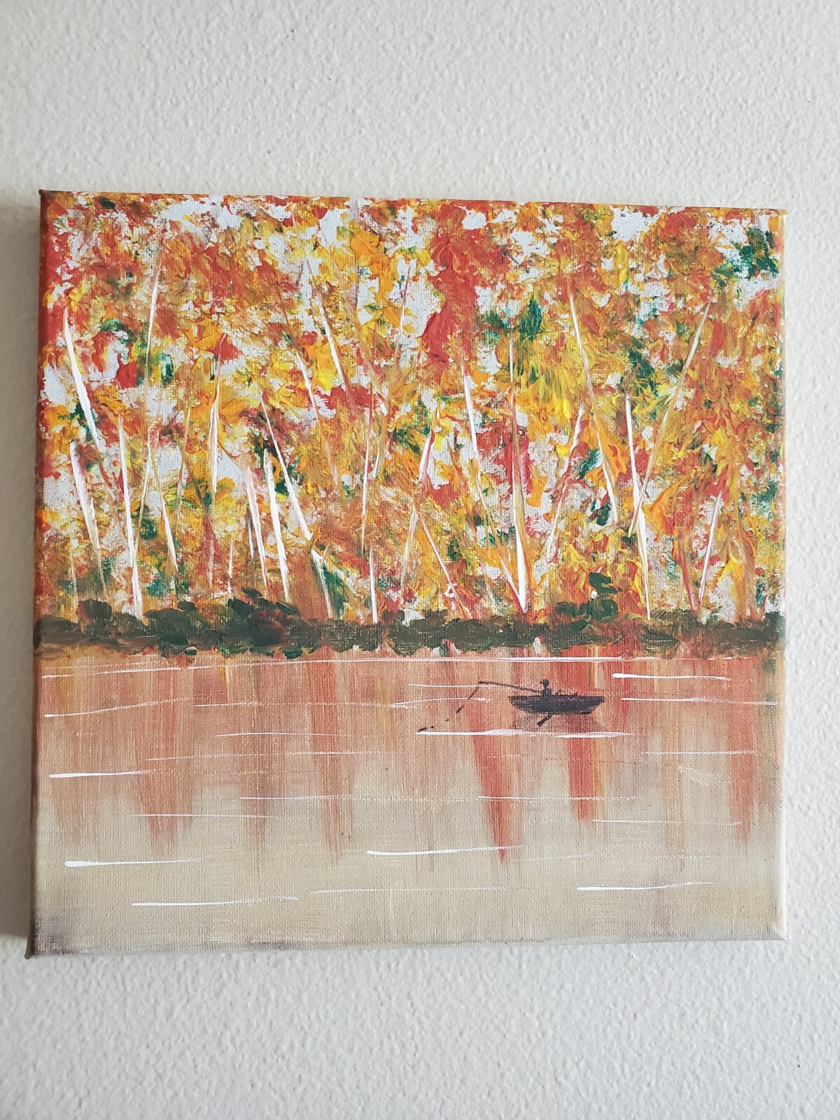 Handmade Acrylic Painting Wooden Frame 10×10 Art Decor Autumn fisherman lake