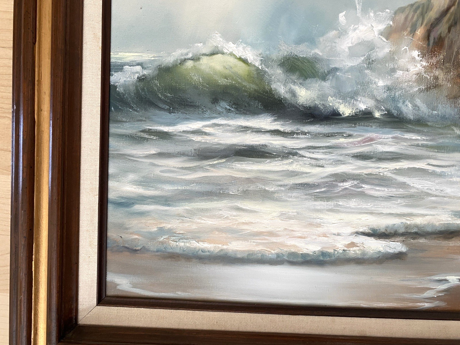 Painting Seascape Seagulls Beach Seashore MCM 26″ x 31″ Beach Waves Vtg (Read)