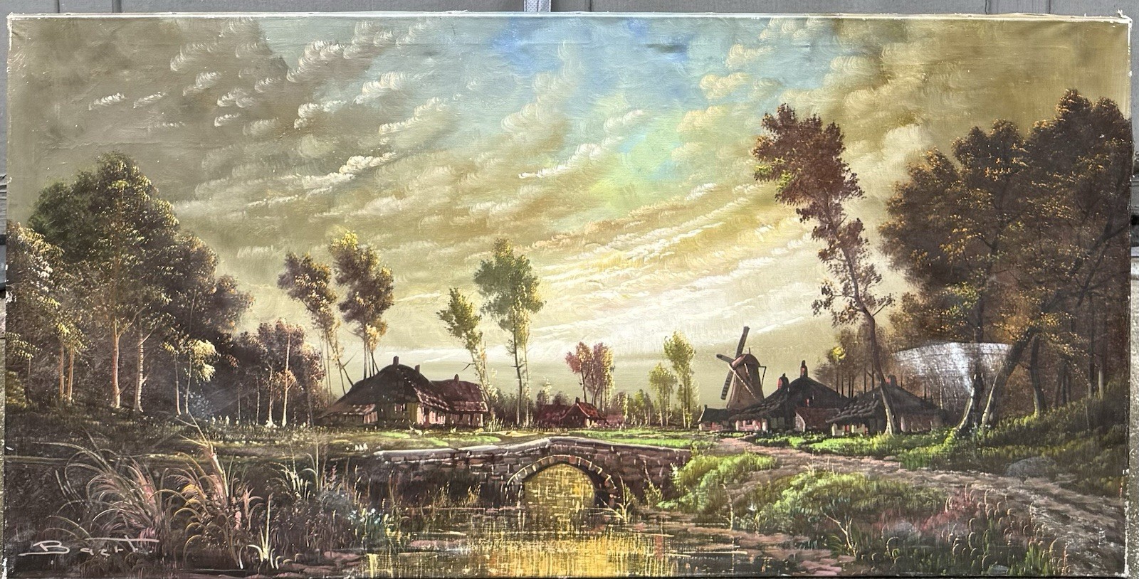 Early Vintage European Pastoral Landscape Oil On Canvas Signed Baert 47 3/8” L