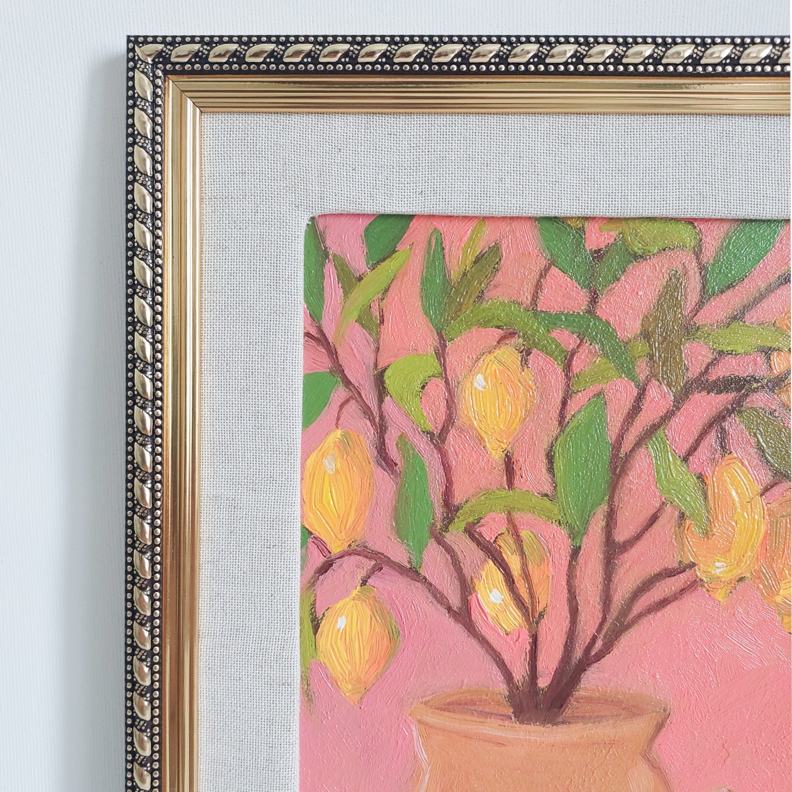 Fruit Still life Lemon Tree and Robin Bird Original Oil Painting on Paper Framed