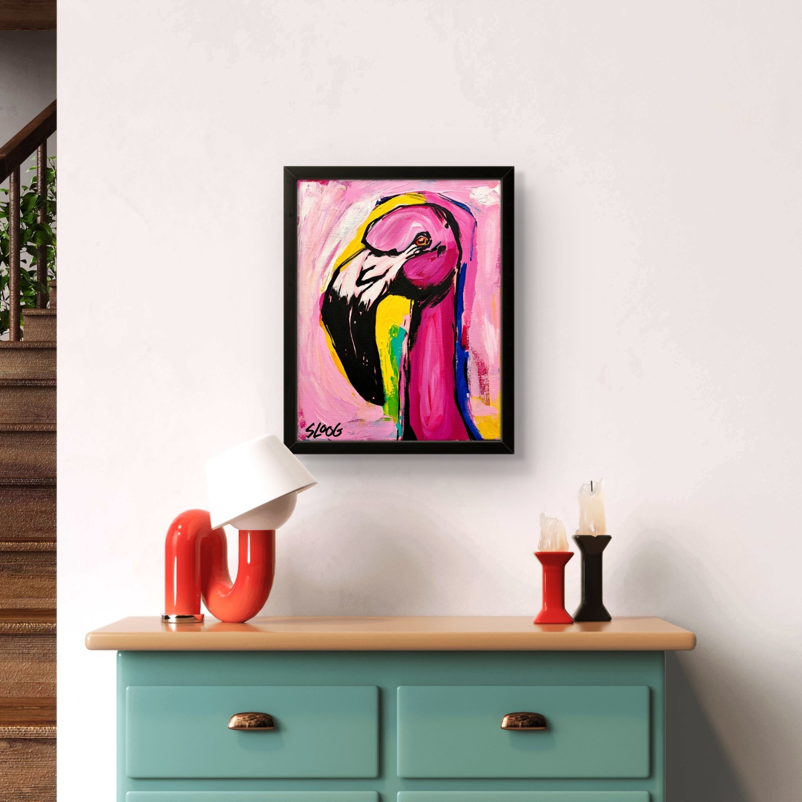 Sloog Original Art Bright Wild Expressionism Painting on Canvas 11×14 Flamingo