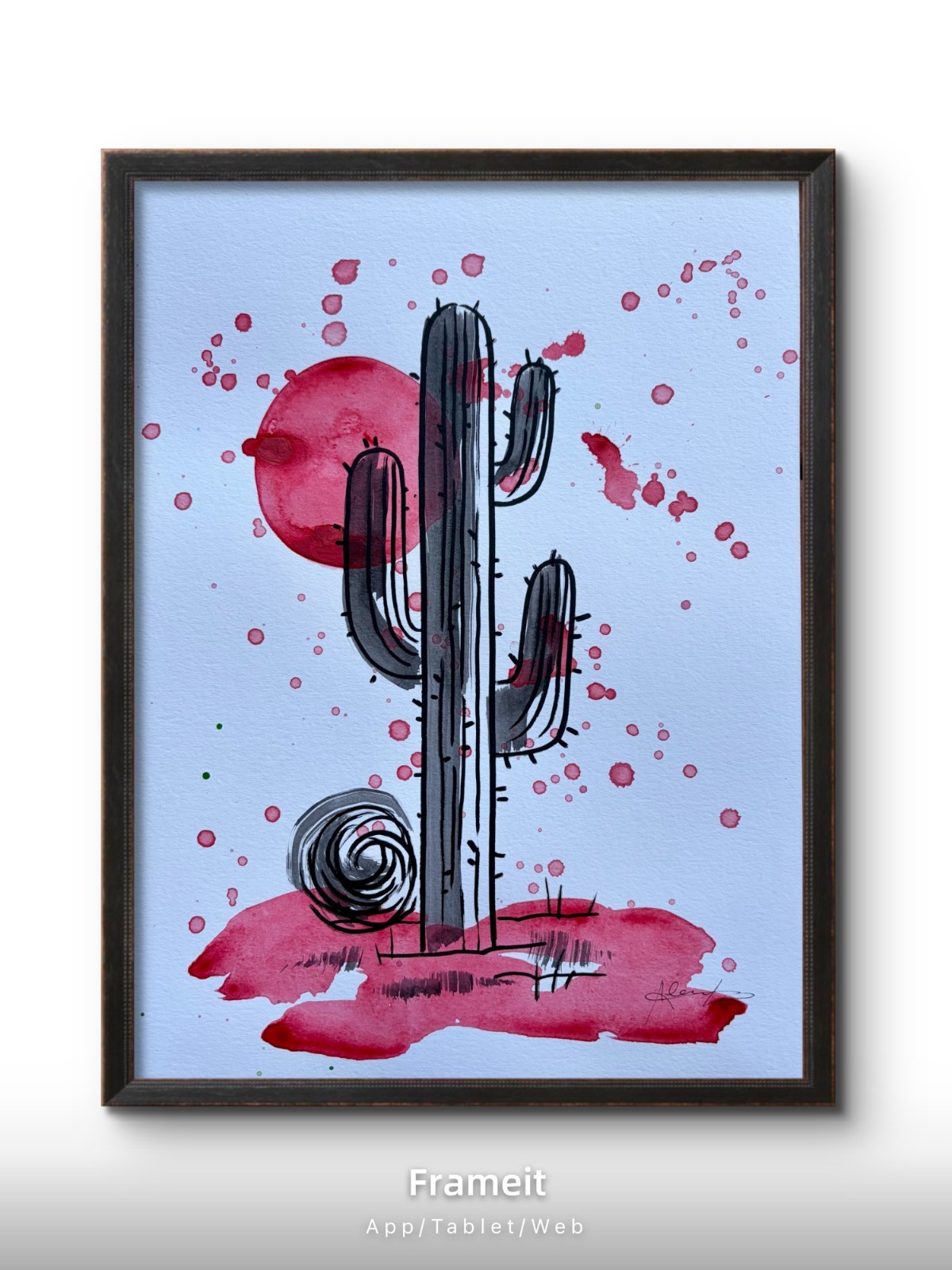 Original Red Cactus Painting By Alannah Dyer- Acrylic 9×12 in. Trendy Desert