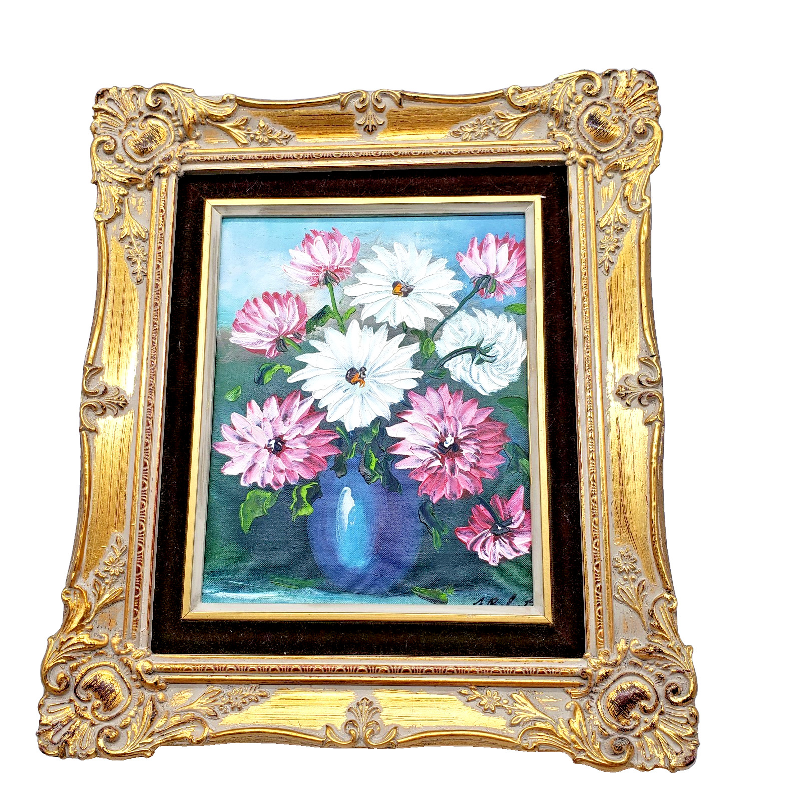 Vintage Floral Oil Painting Gold Gilt Wood Dutch Frame Signed Original Wall Art
