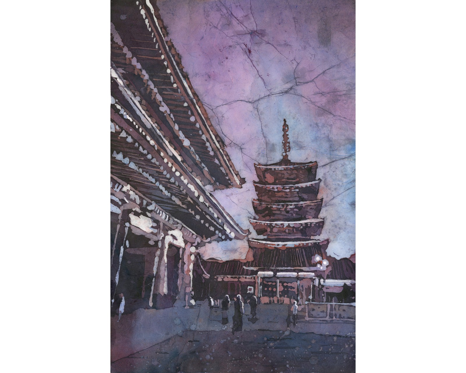 Senso-Ji Temple watercolor batik landscape painting Tokyo Japan (original)