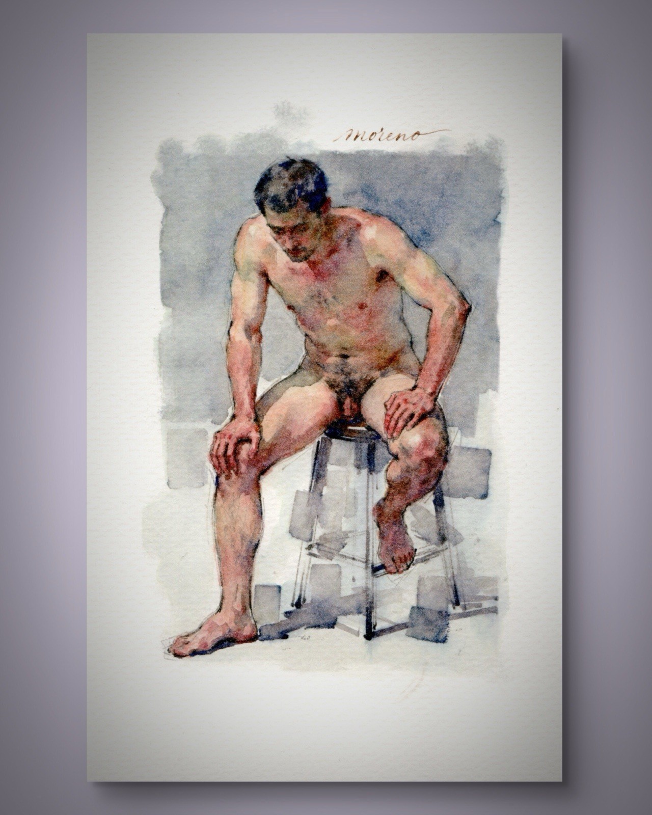 Original Watercolor Painting Classical Male Figure Book Page 5.5 × 8.5 inches)
