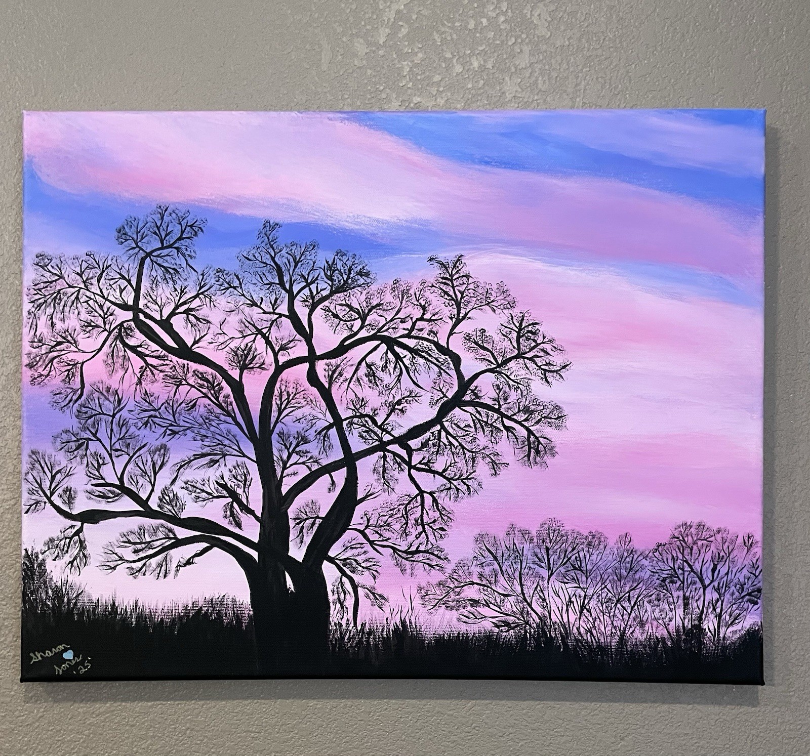 14 × 18″ colorful acrylic canvas painting of a tree surround by colorful sunset