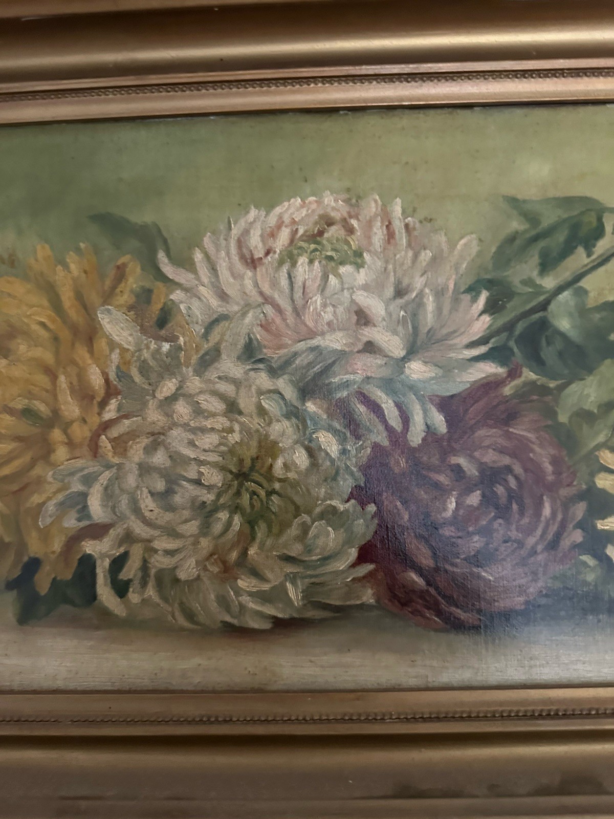 Antique Victorian Rare Horizontal Oil / C Chrysanthemum’s 40 X 14 Still Life