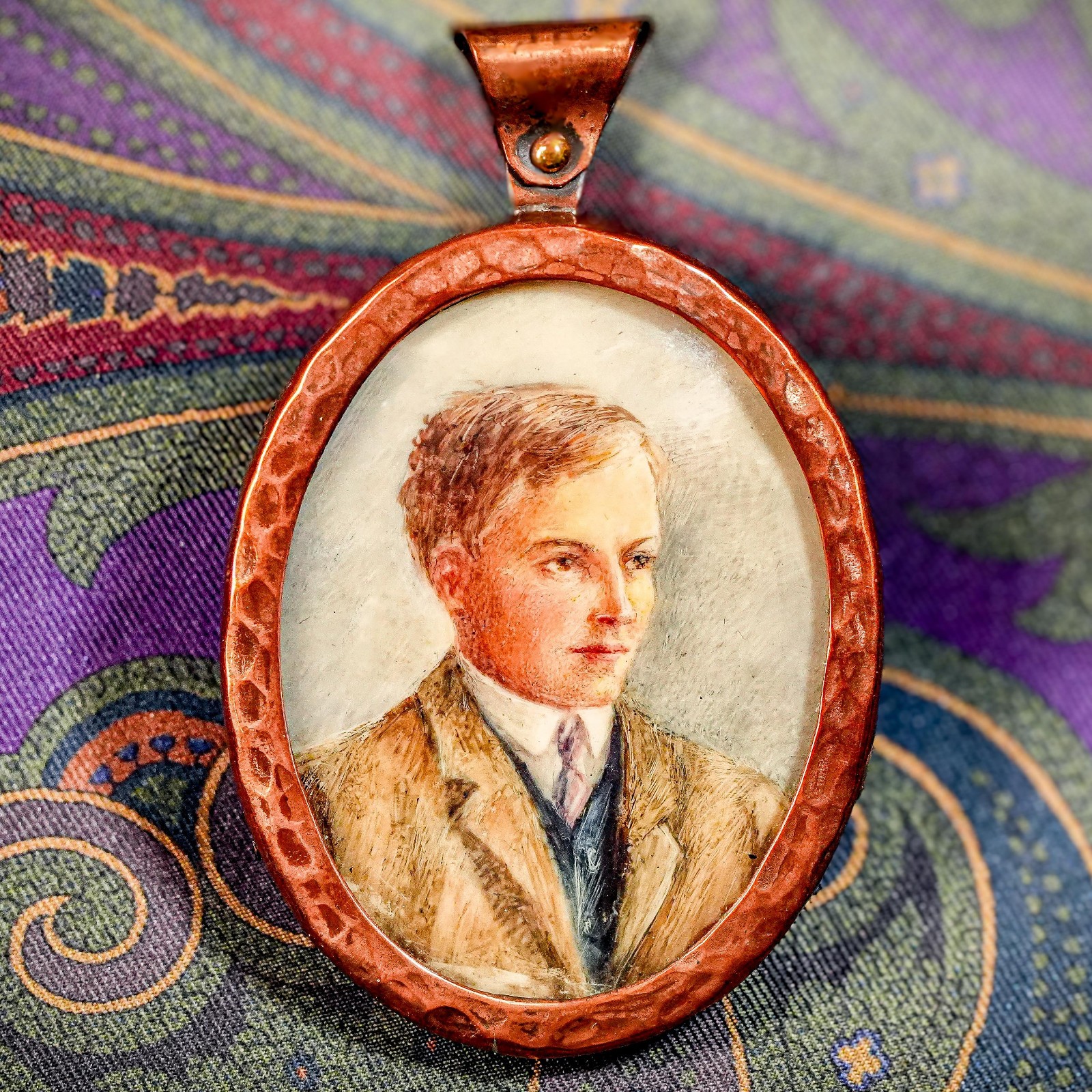 Arts and Crafts Hammered Copper Frame Antique Portrait Miniature Painting Man