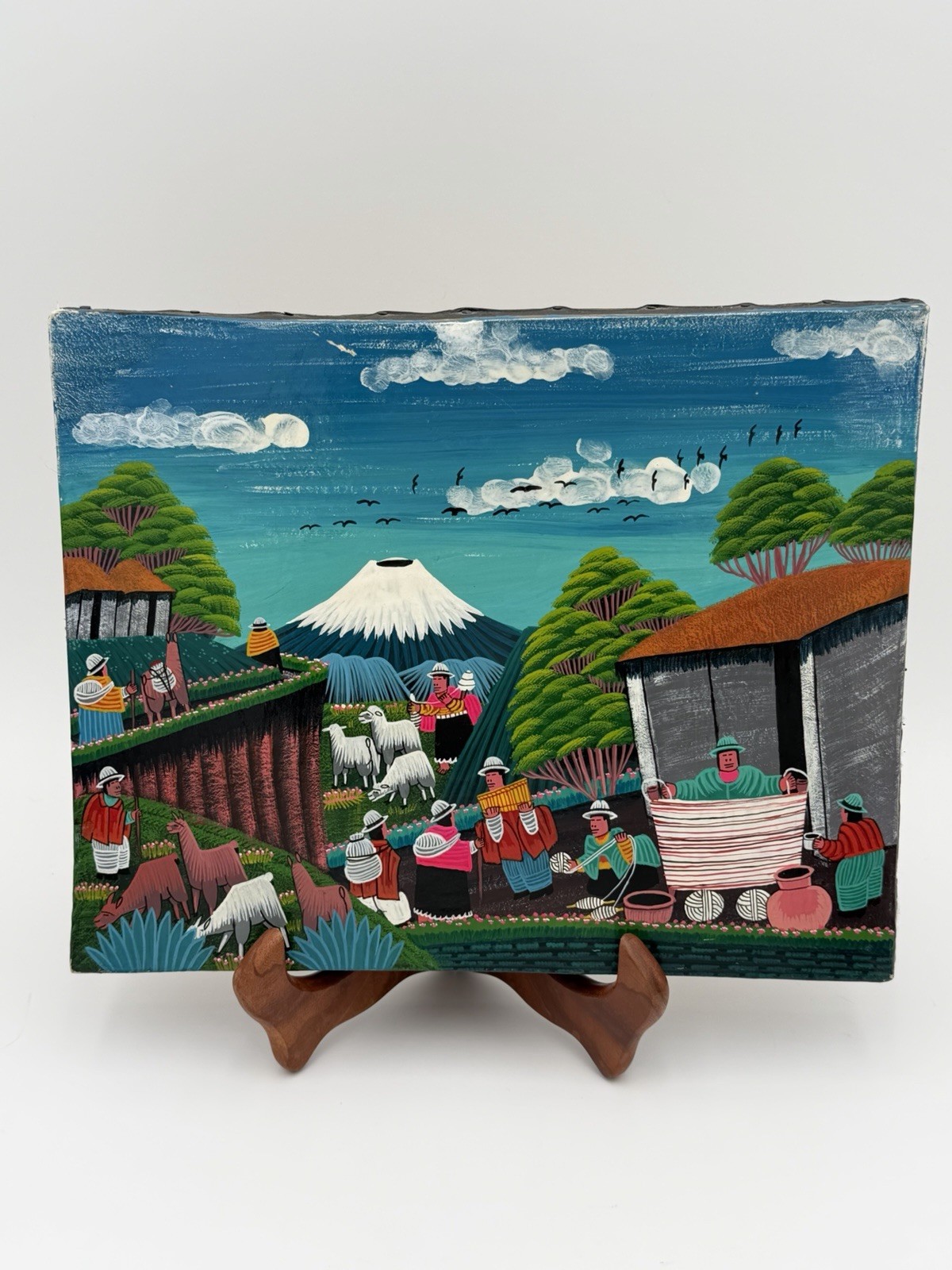 Vtg Tigua Folk art Ecuador , Hand-Painted On Sheepskin Hide Signed By Artist ￼