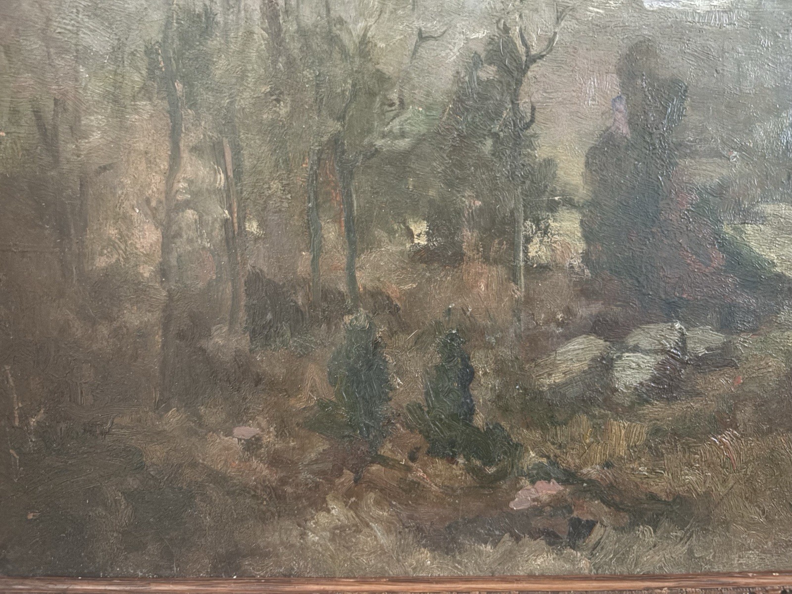 Antique 1910 18”x14” Framed Folk Impressionist Landscape Unsigned Oil Painting