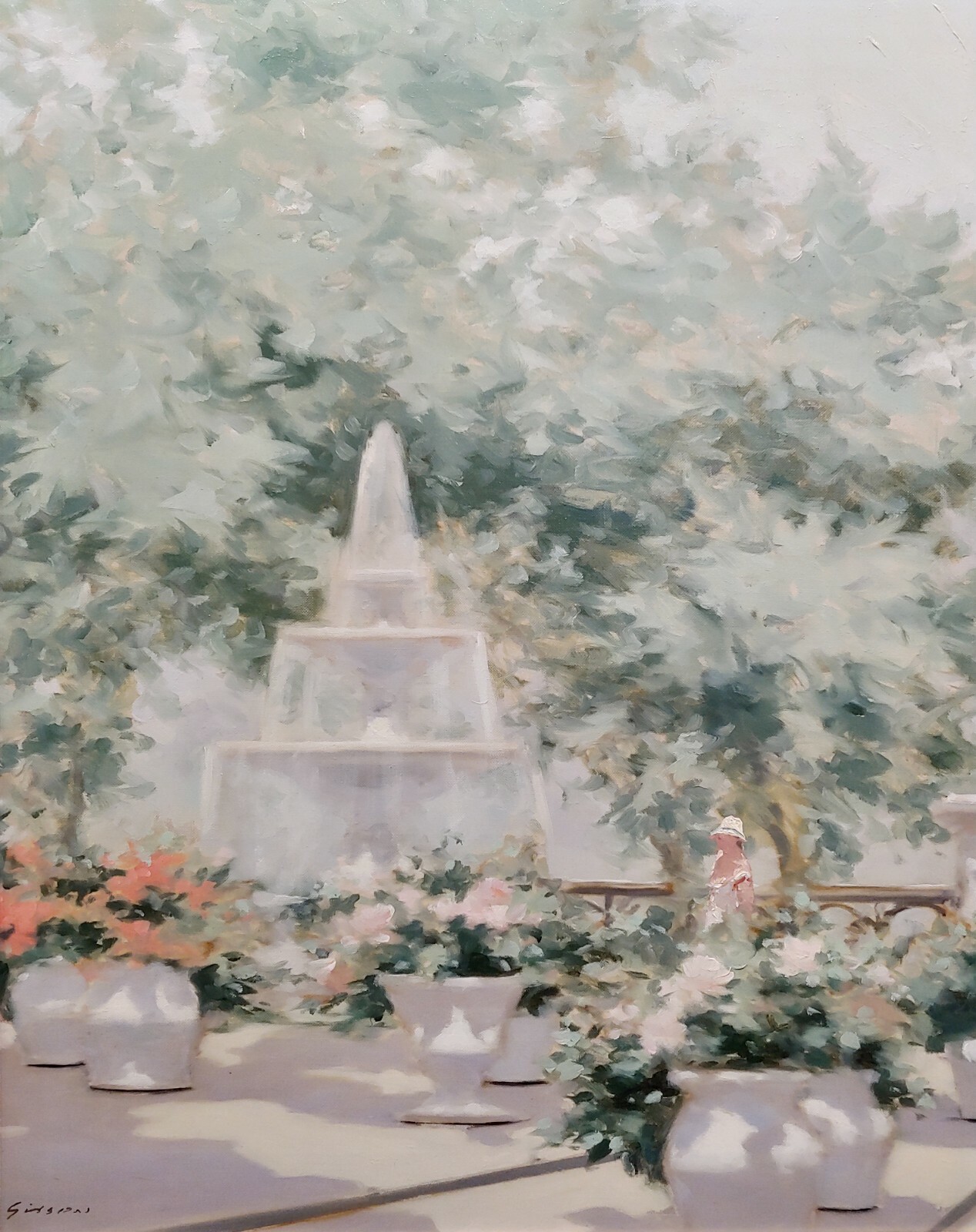 Andre Gisson -Young Woman near the Fountain at the Park-Oil painting
