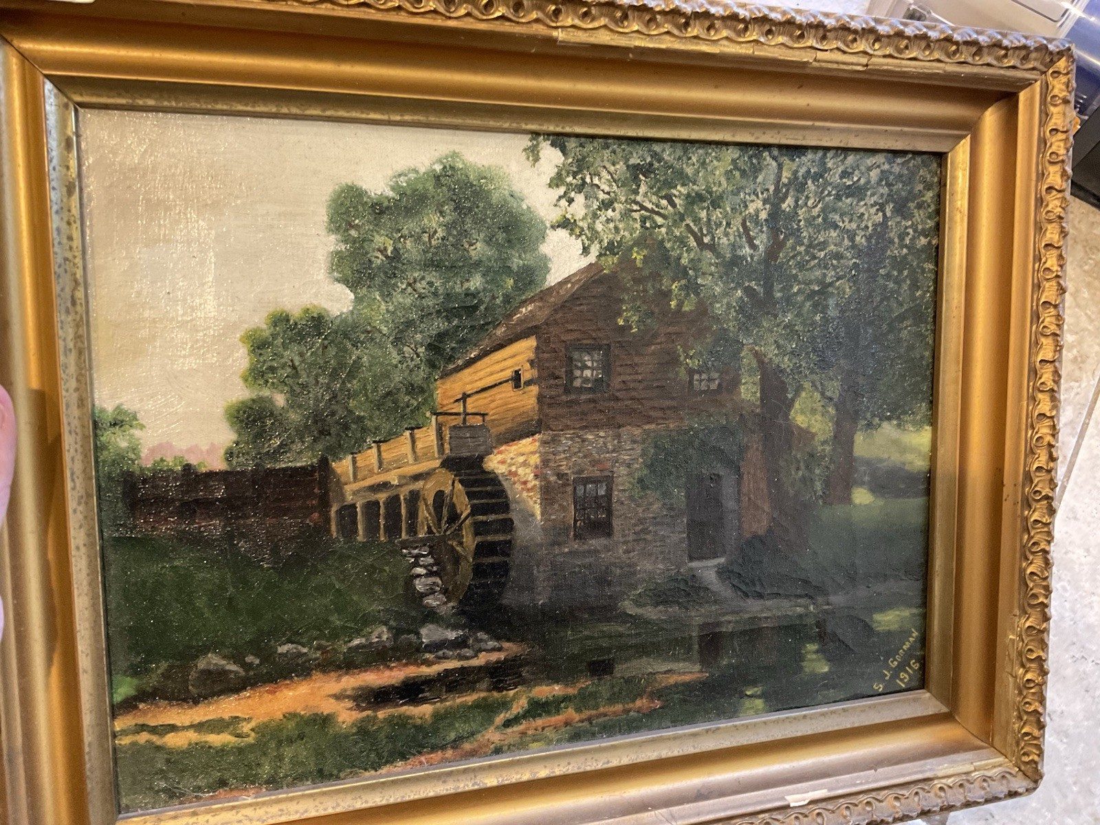 ORIGINAL 1916 SIGNED DATED OIL PAINTING WATER MILL