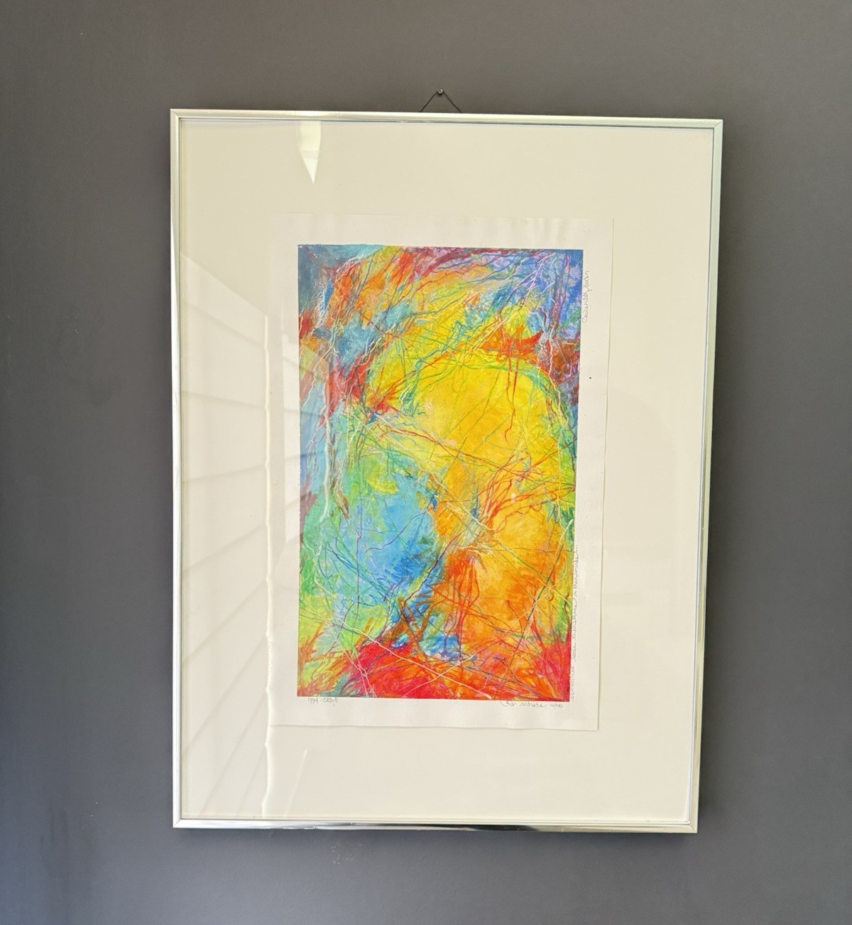 Cathy Hilliard Signed Abstract Painting 1994 Matted & Framed 25 x 13 in