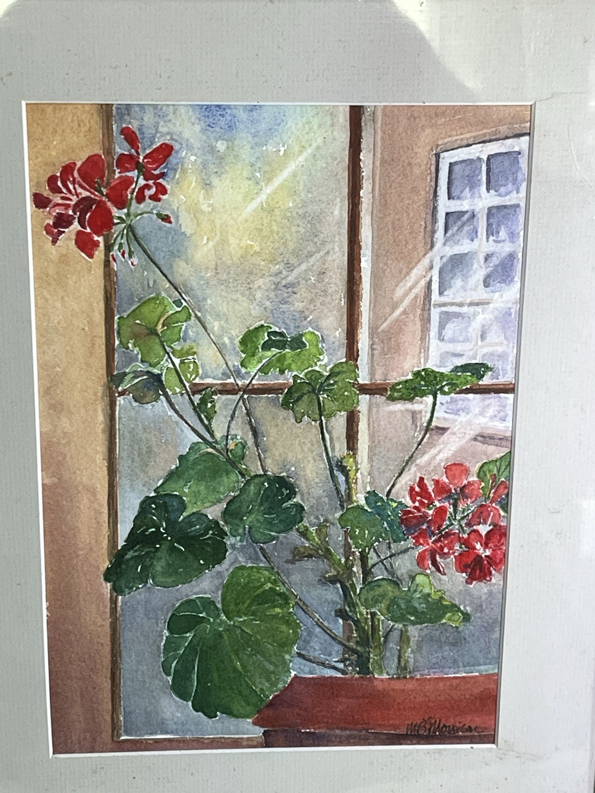VINTAGE FRAMED MATTED RED GERANIUM WATER COLOR STILL LIFE PAINTING MB MORRISON