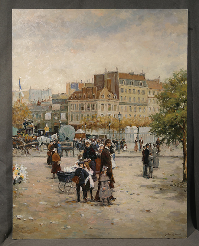 20th Century French Cityscape Street View with People and Carriage