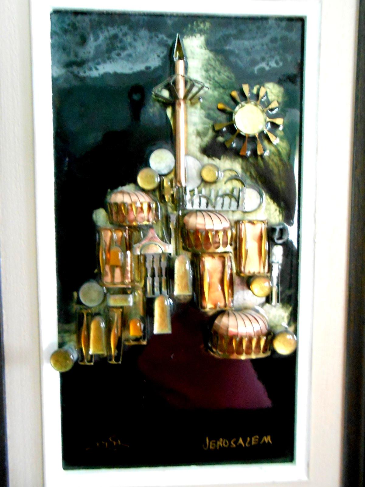 Mid Cent Mixed Media Art Painting Copper Enamel 3D Jerusalem Avi Akshuta