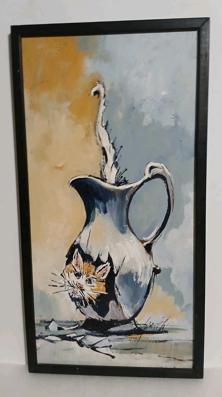 MCM Cat Painting Vintage Pitcher Broken Vase Pop Art Mixed Media Framed