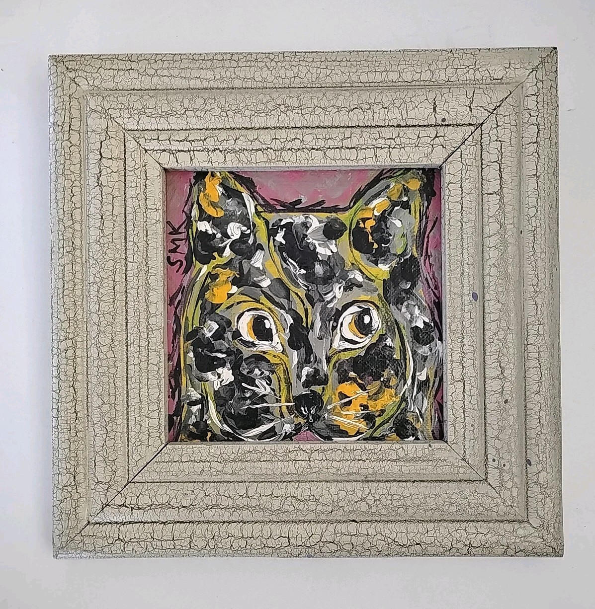 Miniature Oil Painting Framed Cat Portrait Pet Handmade On Hard Board Vtg 7×7”