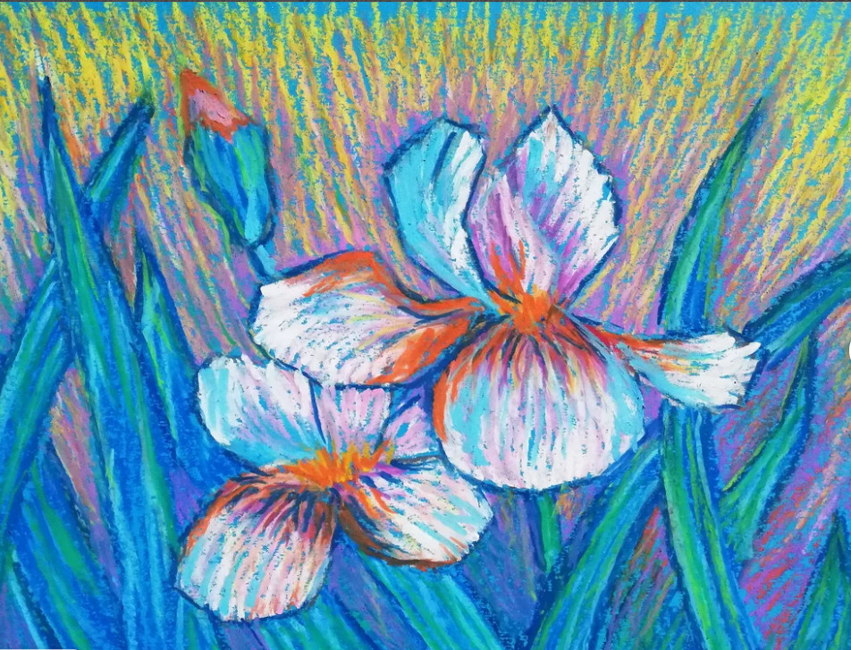 Iris oil pastel painting, flowers in Van Gogh still. Without frame.33×23 cm