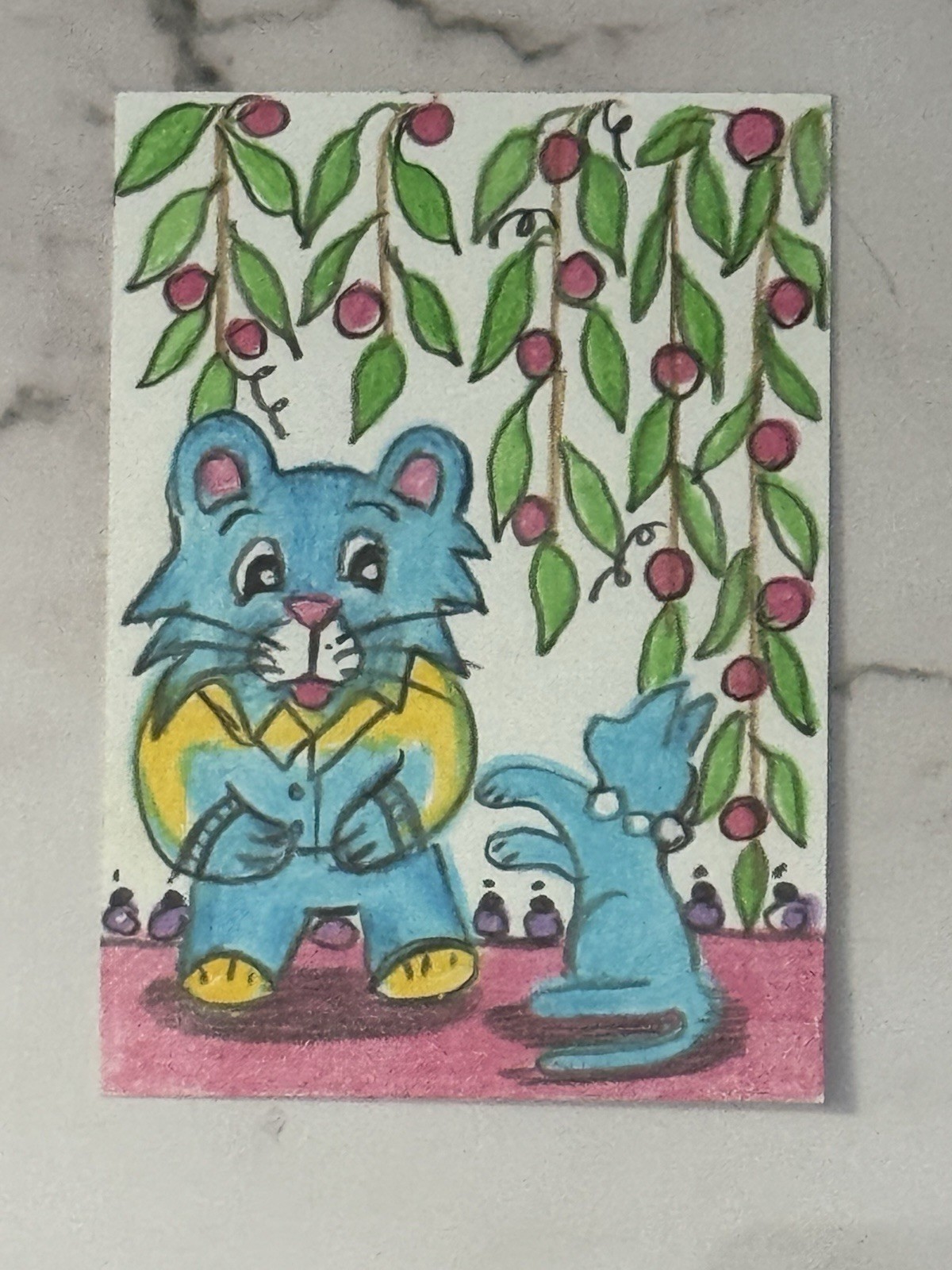 Aceo Original Art Trading Card, Happy Bear With Blue Cat, Art By Sommer Rayn