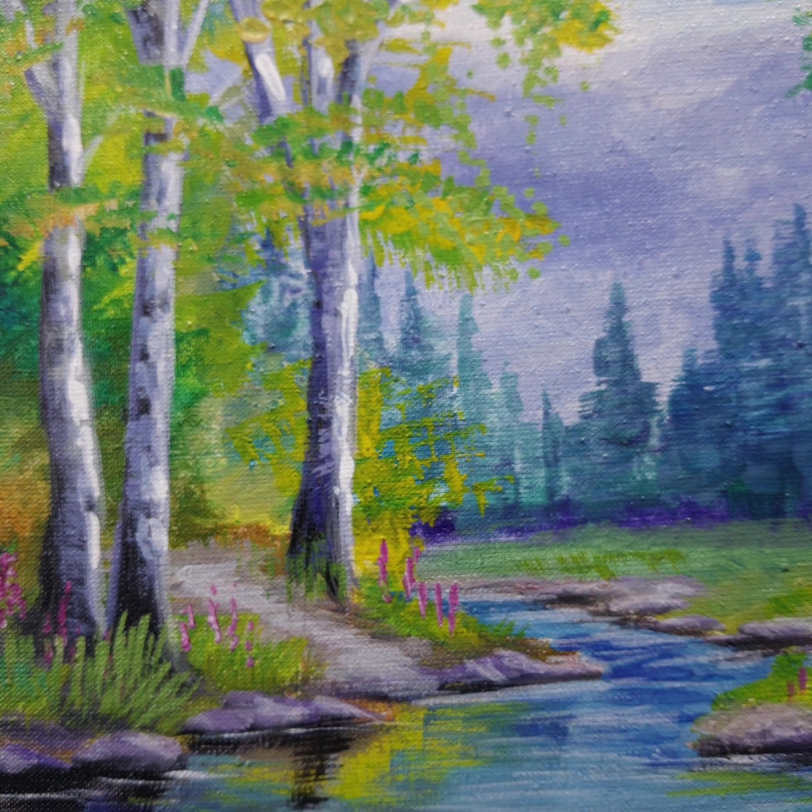 Summer Peace Landscape Acrylic Painting River Forest Nature Canvas Artwork 8×8