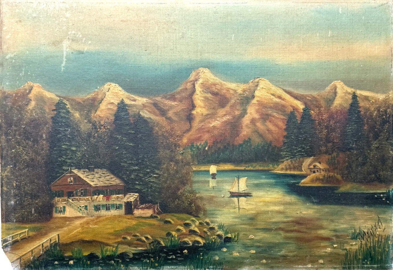 Vintage Oil Painting Mountain Lake Landscape 27×18.5 Signed