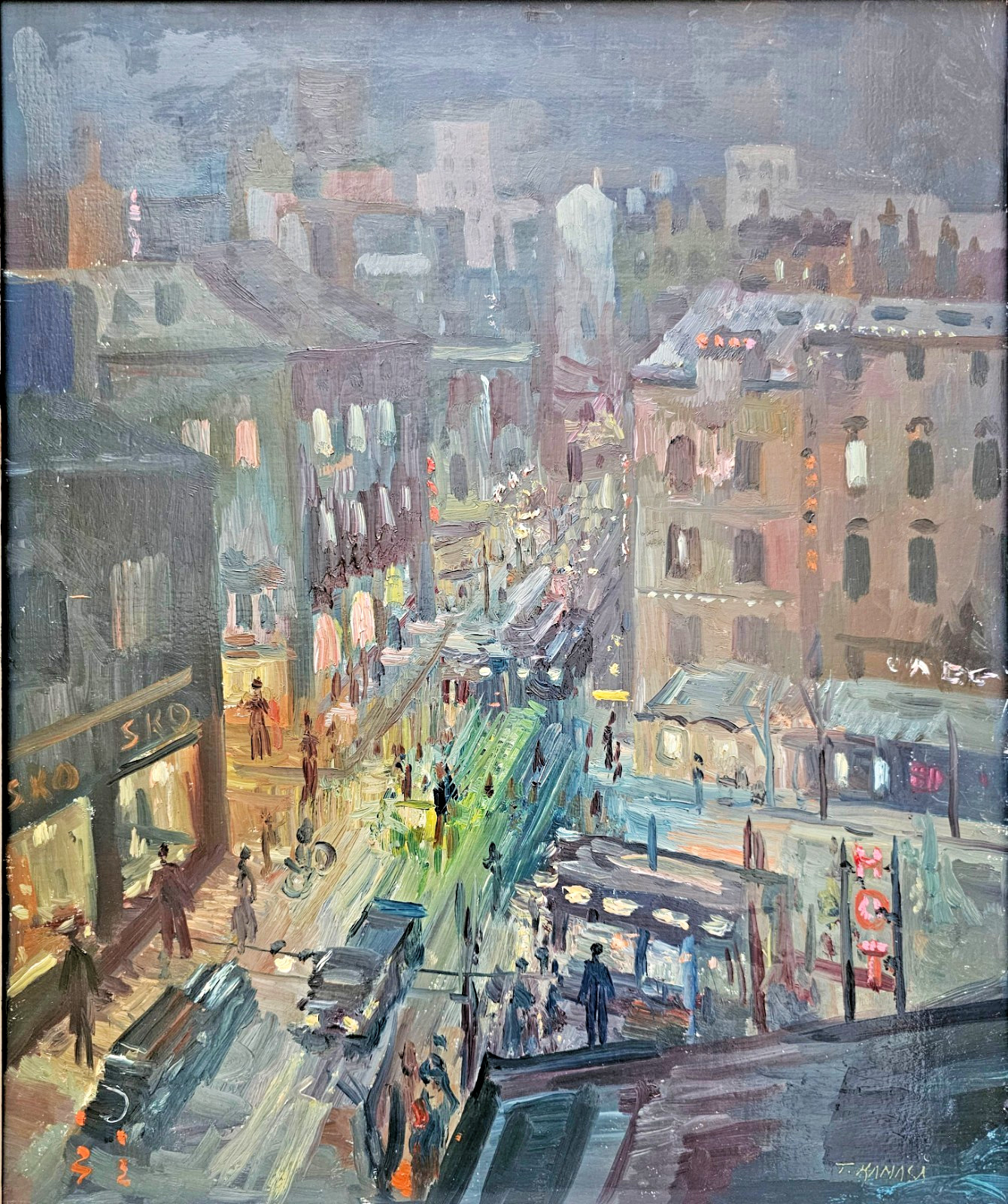 ATMOSPHERIC MID CENTURY SCANDINAVIAN PAINTING CITYSCAPE AT DUSK TADEUSZ KAMASA
