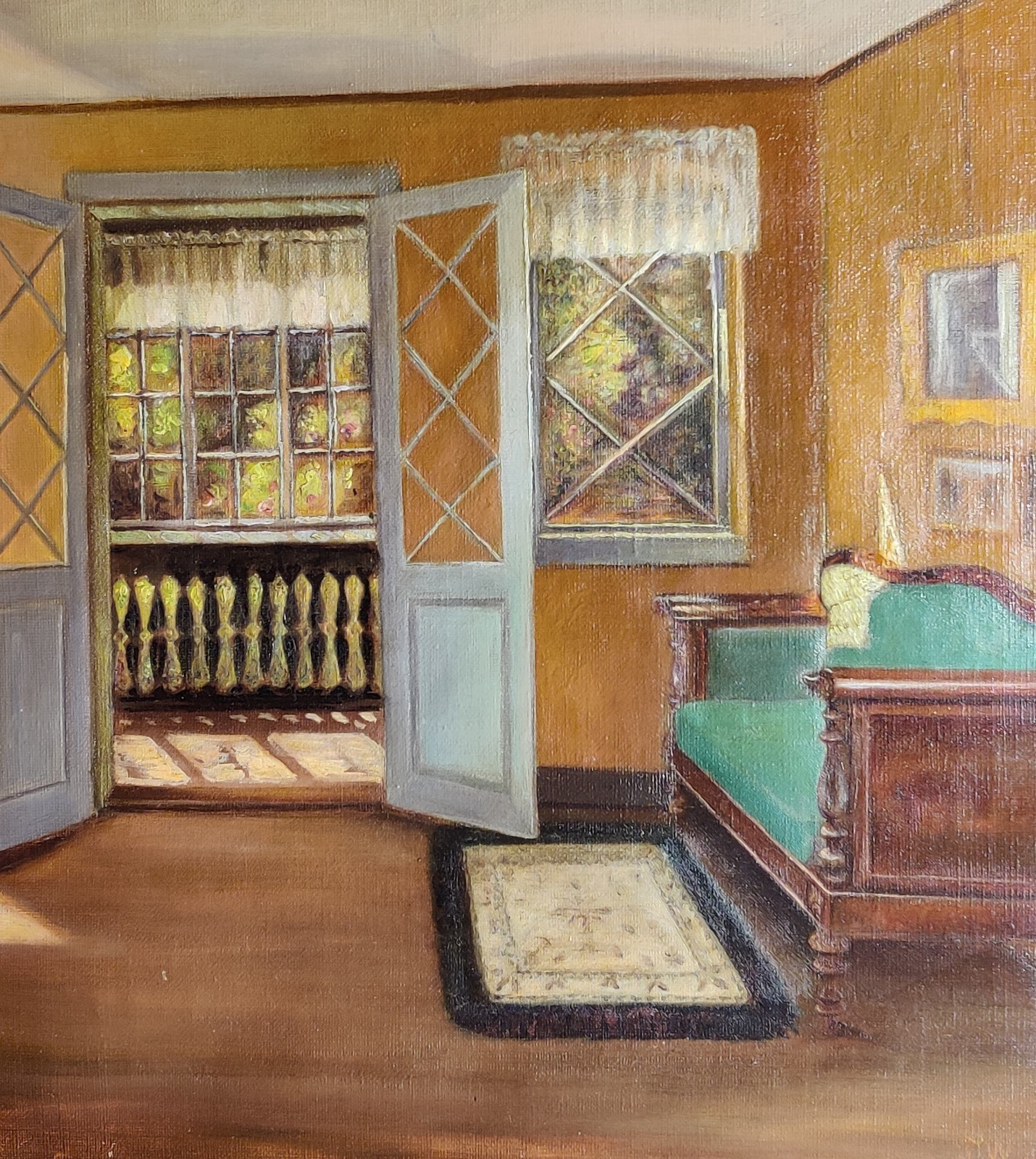 COSY INTERIOR WITH SUNLIT VERANDA, antique oil painting, dated 1904
