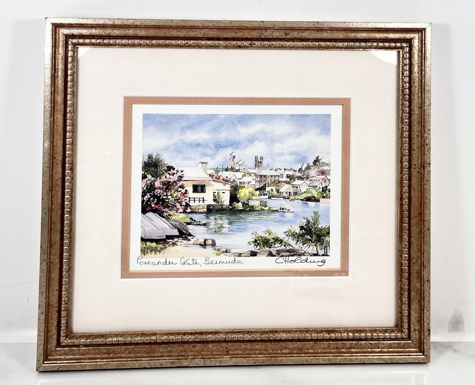 Framed C. Holding Signed POMANDER GATE BERMUDA Watercolor Print 11”x10”