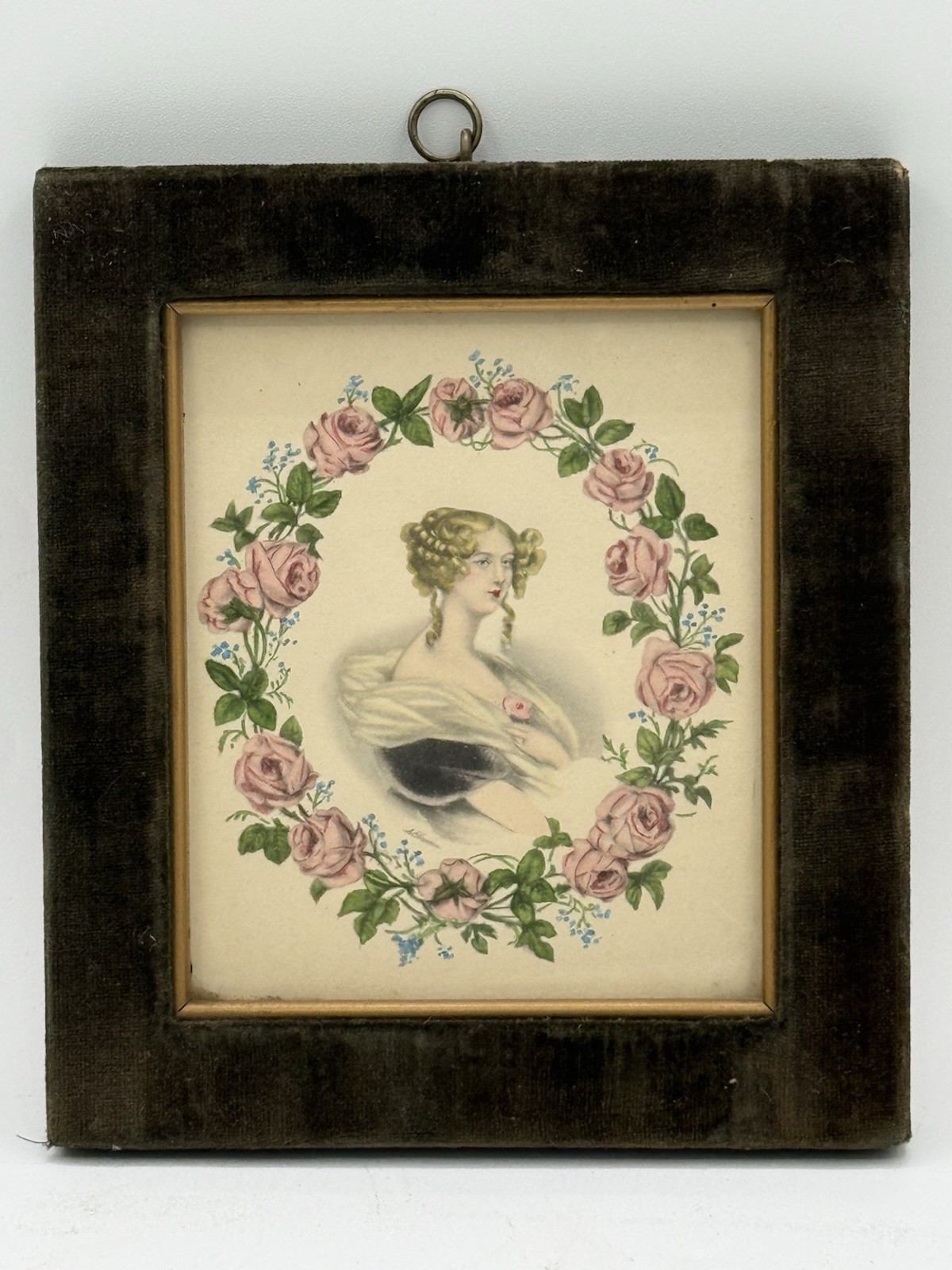 Antique 19th Century Hand-Colored Lithograph » The Lilly Green Velvet Frame