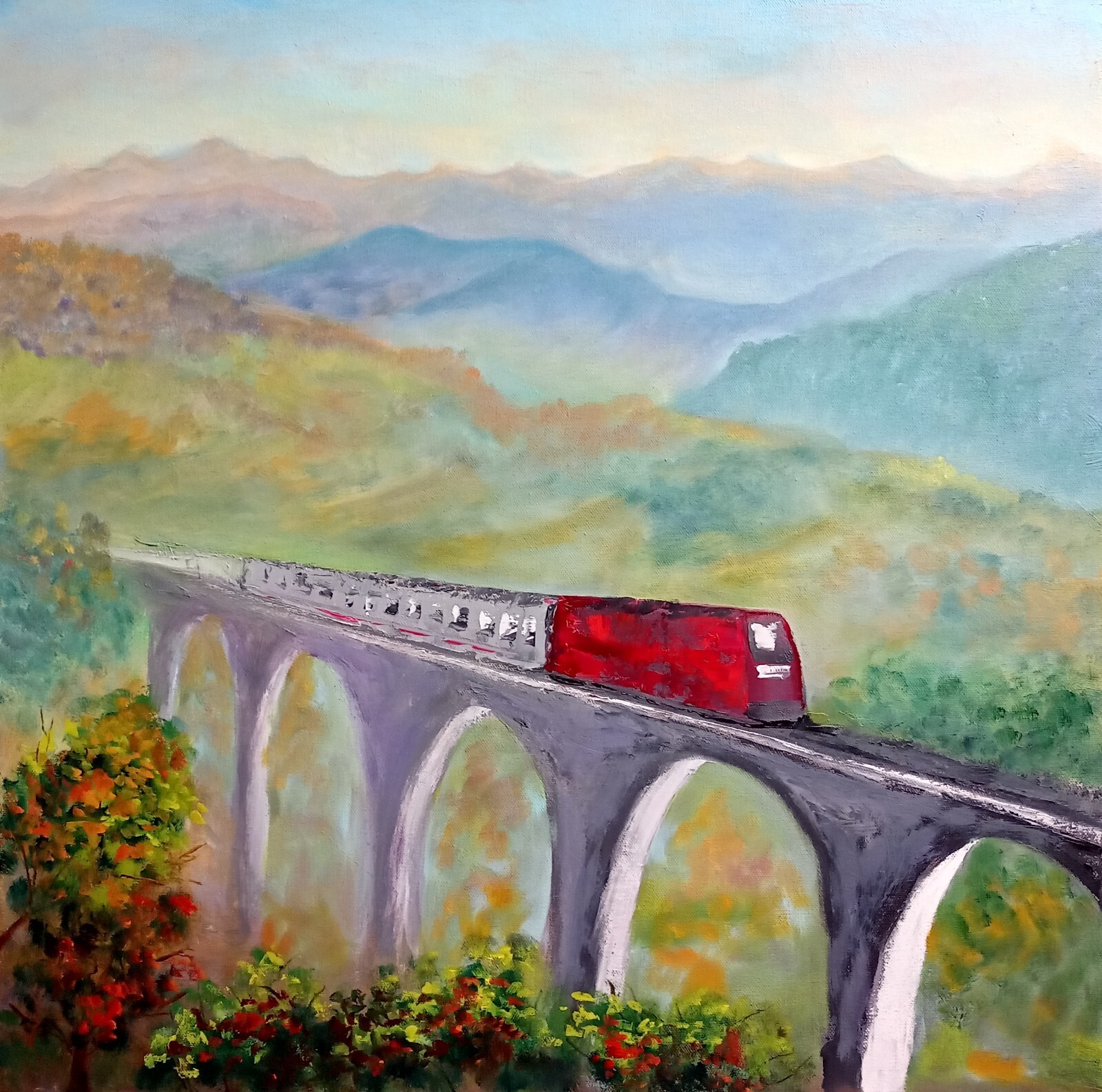 Train Bridge Mountains Oil Painting 60x60cm Landscape Original Painting on Canvas