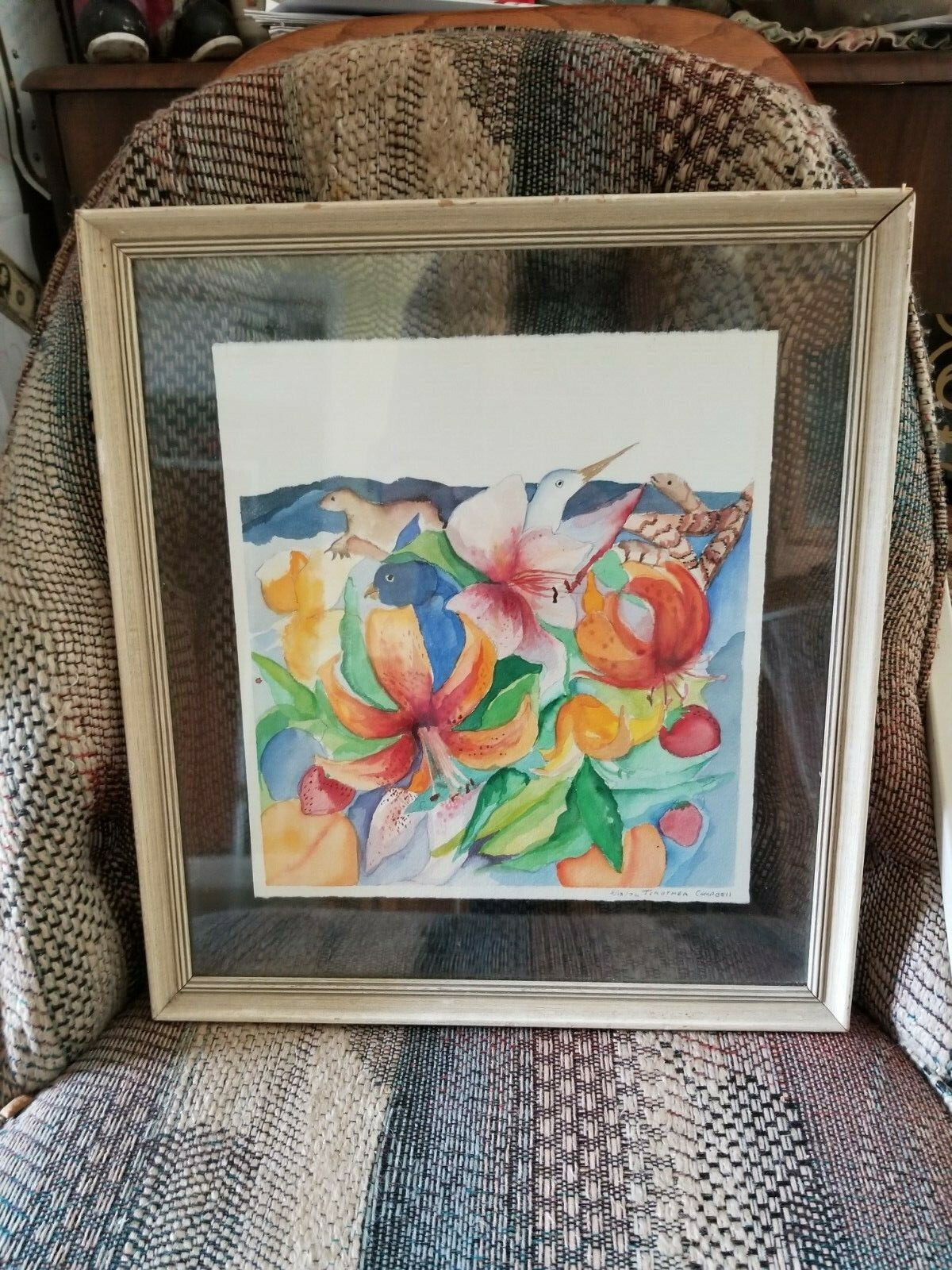 1972 Painting of Flowers & Animals By Timothea Campbell in Shabby Chic Frame