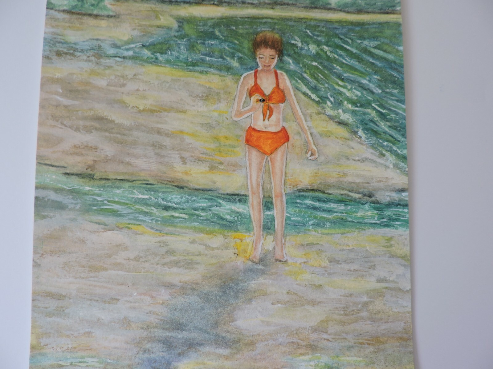 «Finding an Unusual Shell» Original Watercolor Painting Water Beach Girl