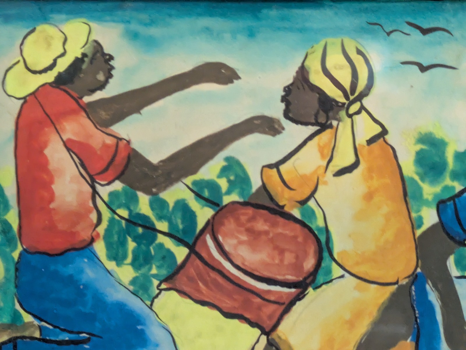 Haitian Folk Art Dancers Watercolor on Paper Painting Signed Framed