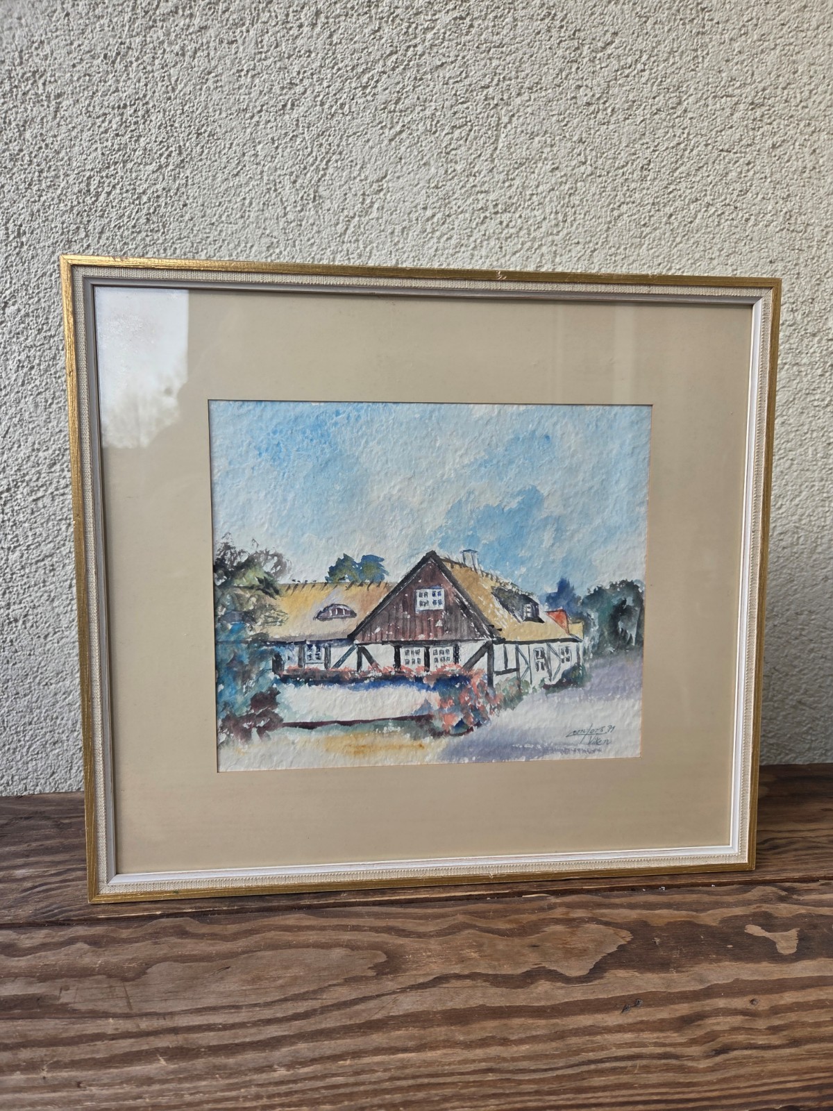 Original Swedish Watercolor Painting 1971, Viken Coastal Village Scene