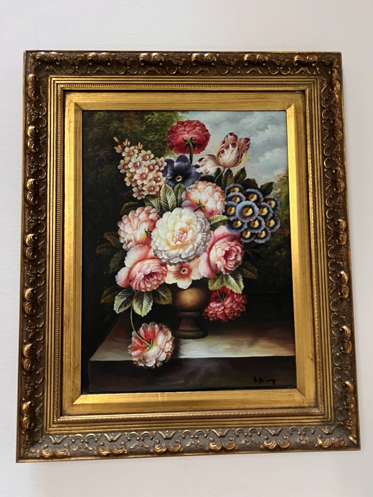 12×16 Floral Oil Painting Framed In A Wide Gold Frame