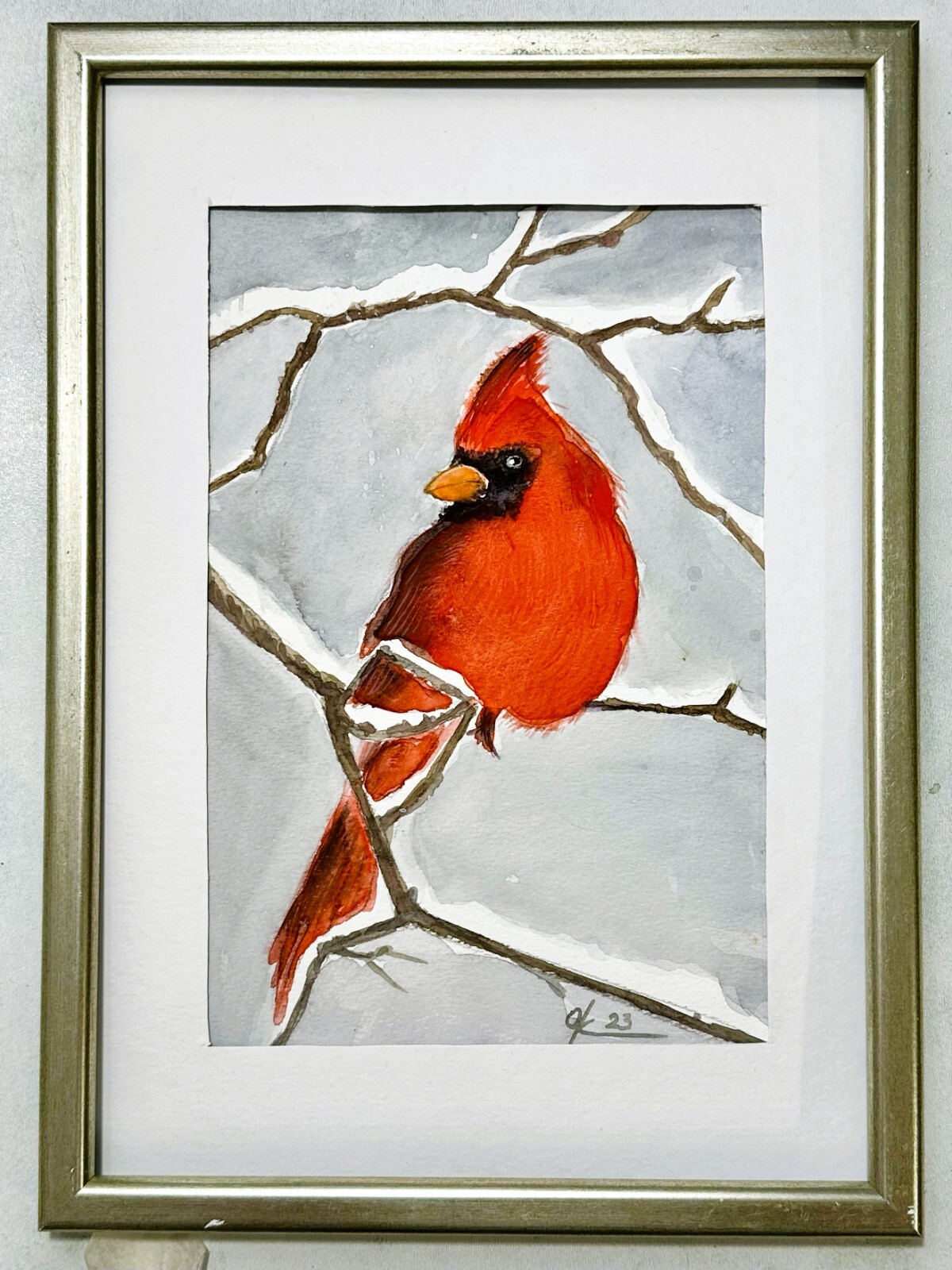 Original panting Red cardinal bird, bright red with crest animal 16*24 cm