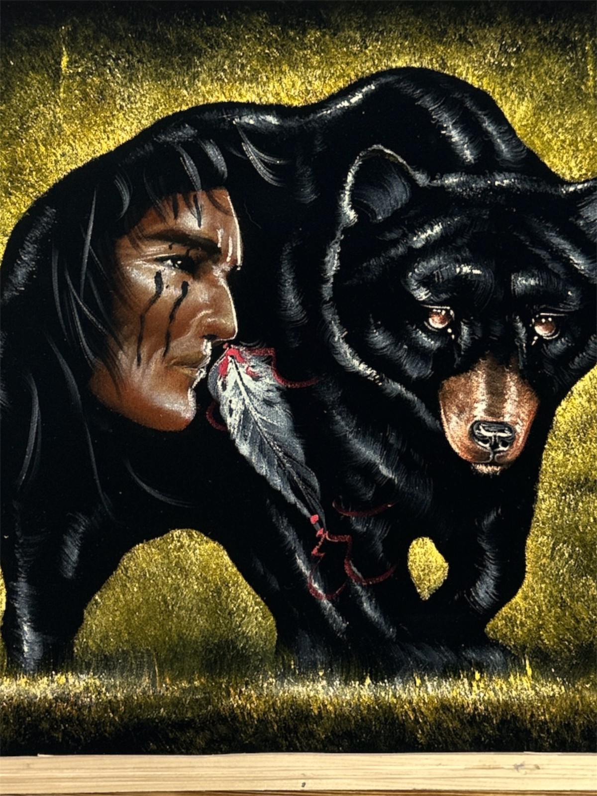 BLACK BEAR , 18″X 22″ HAND PAINTED,VELVET PAINTING , VINTAGE , WOOD FRAME , NEW